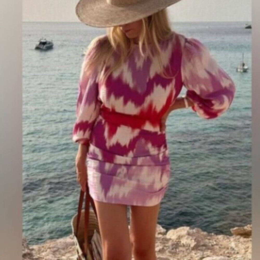MAJE Paris Pink Red Tie-Dye Shirred Mini Dress Open Back NWT US 6 / EU 38